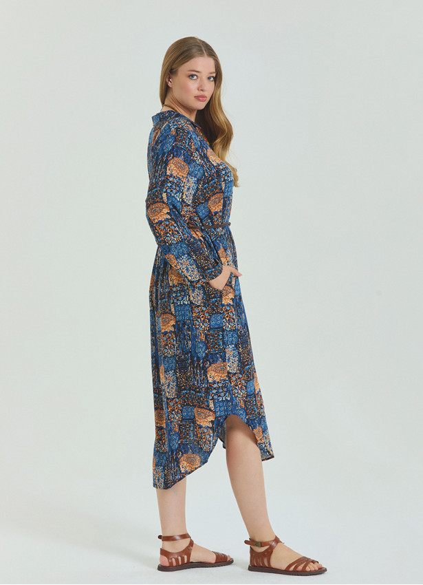 Shirt Collar Belt Detailed Blue Bohemian Plus Size Dress 4613